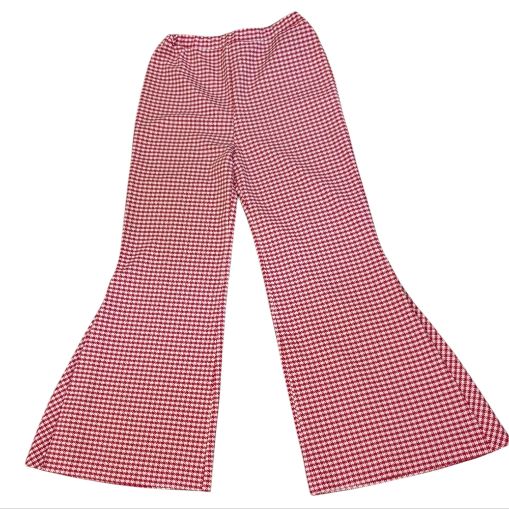 70s Vintage Pykettes Red Plaid Houndstooth‎ Bell Bottom Pants Elastic Waist Rare